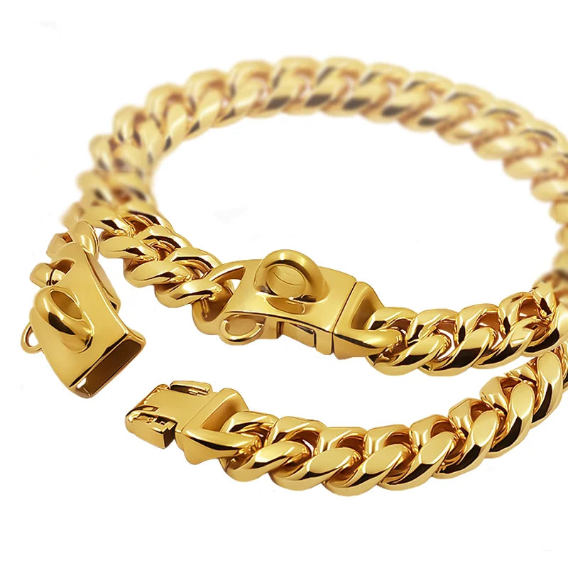 Stainless Steel Cuban Link Dog Collar – Heavy-Duty Metal Pet Chain for Dogs