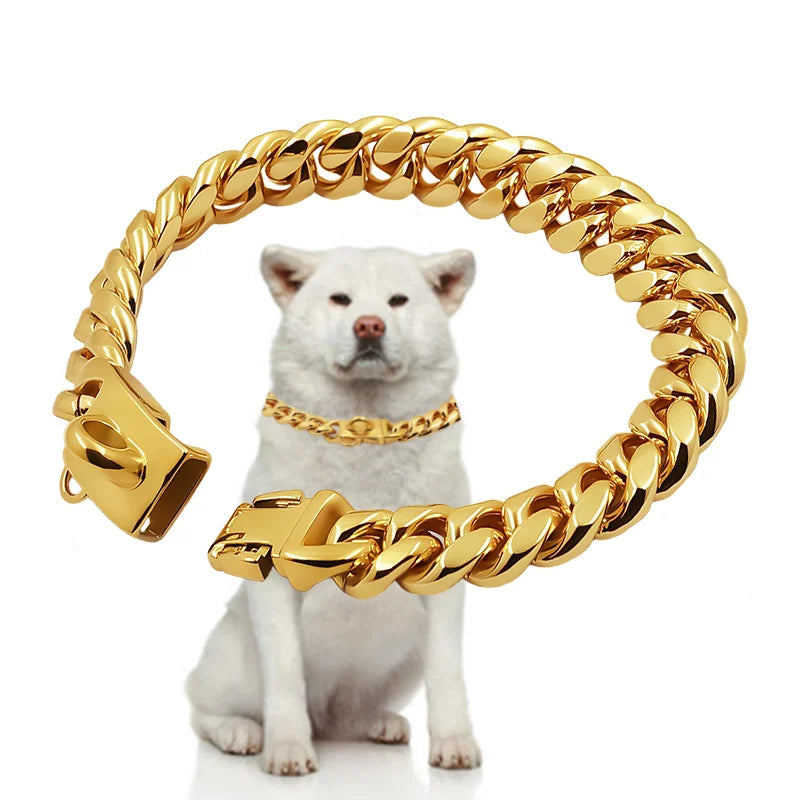 Stainless Steel Cuban Link Dog Collar – Heavy-Duty Metal Pet Chain for Dogs
