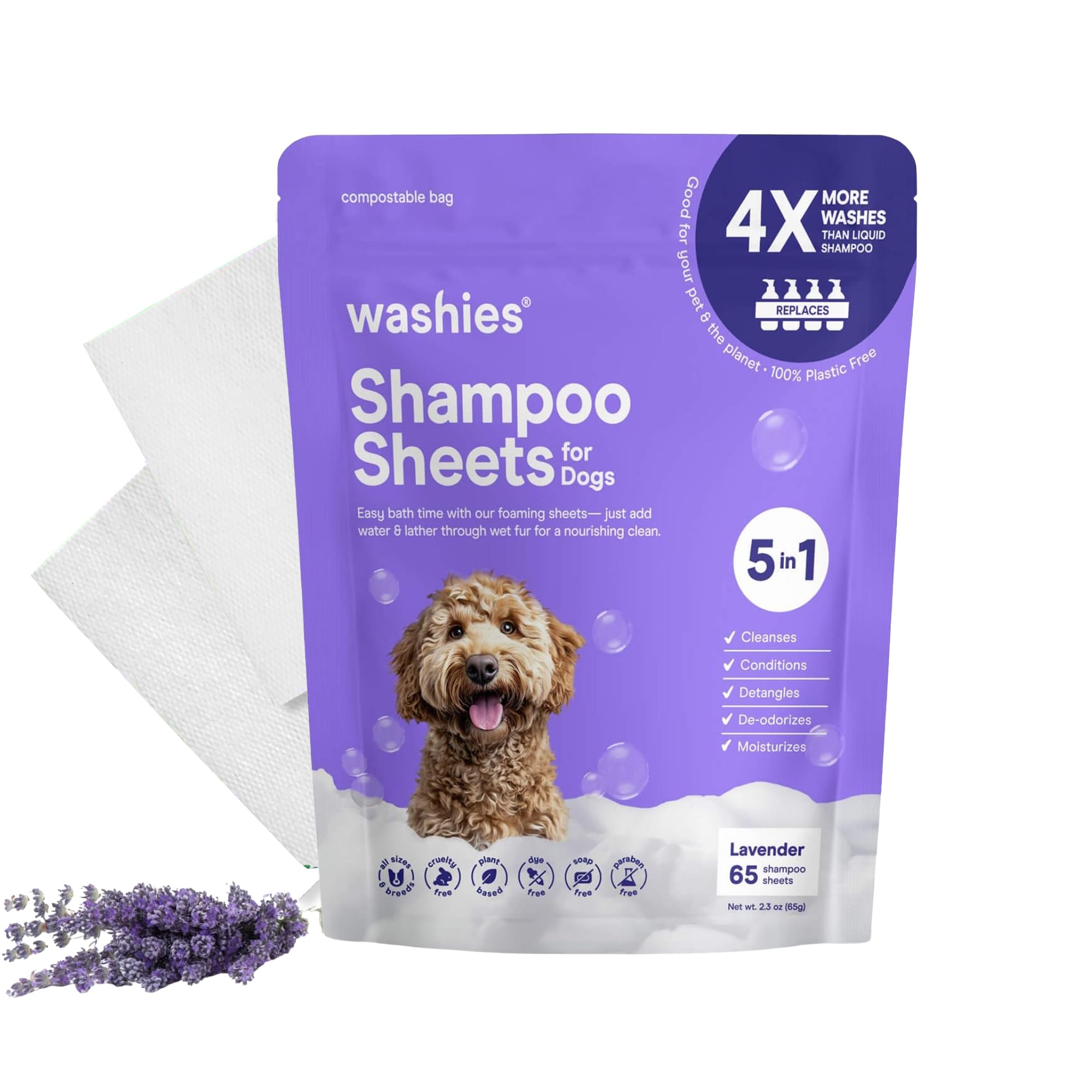Dog Shampoo Sheets – Lavender, Water-Activated, 65ct