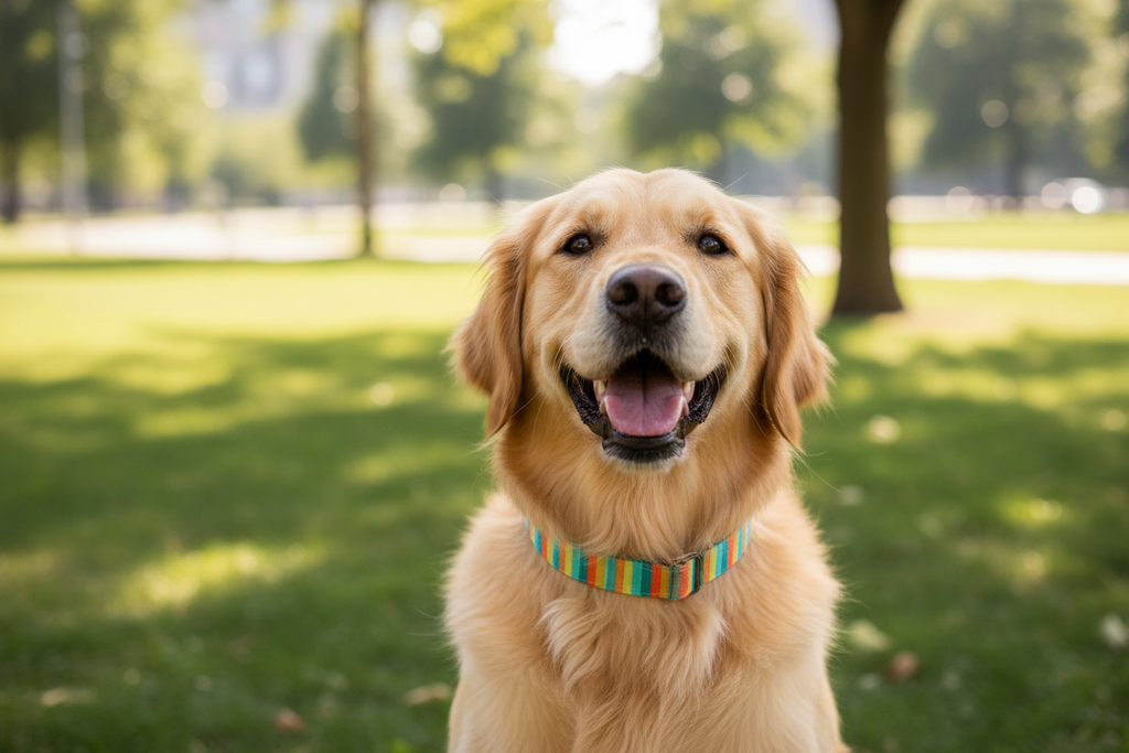 Happy dog wearing colorful canvas nylon collar in a park