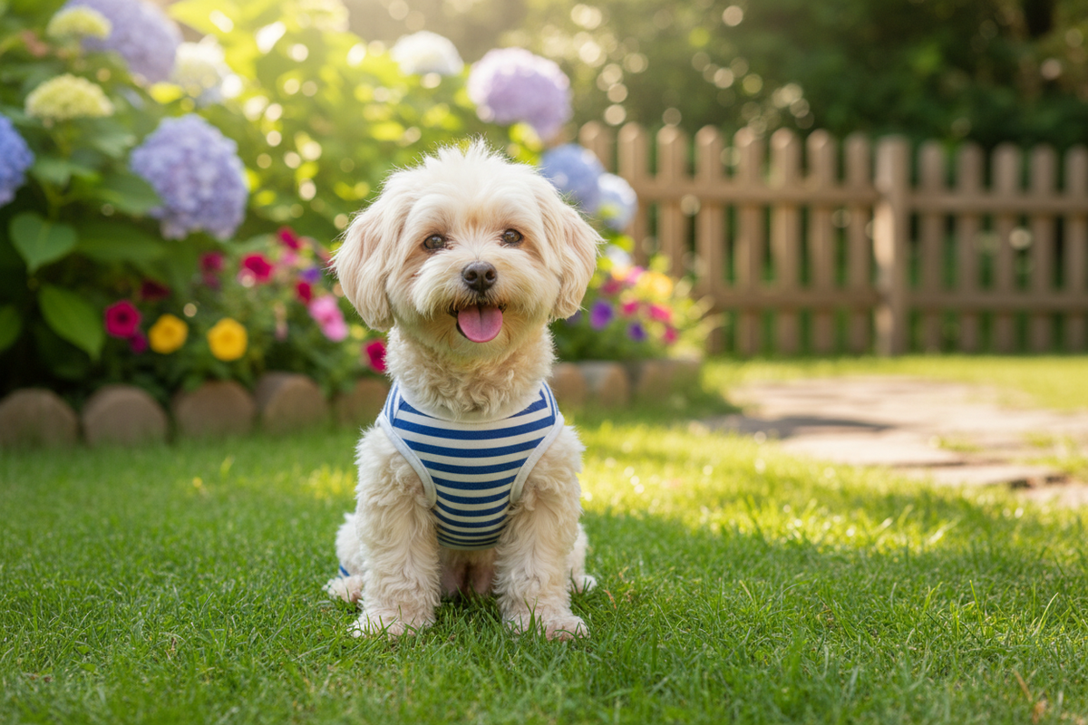 Small dog wearing striped sleeveless jumpsuit in sunny garden