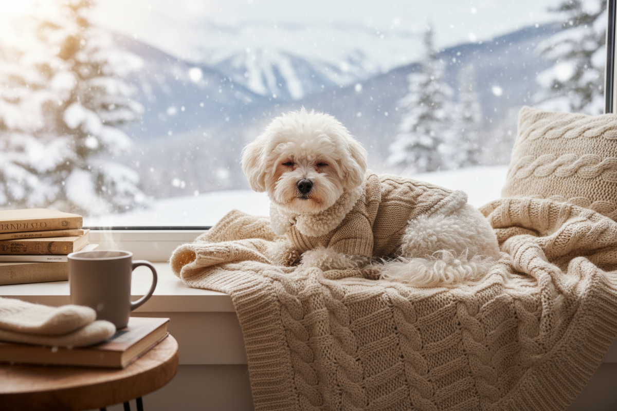 Small dog wearing fluffy knit winter sweater by a snowy window