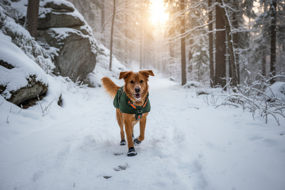 Dog wearing waterproof fleece winter jacket with harness on snowy trail
