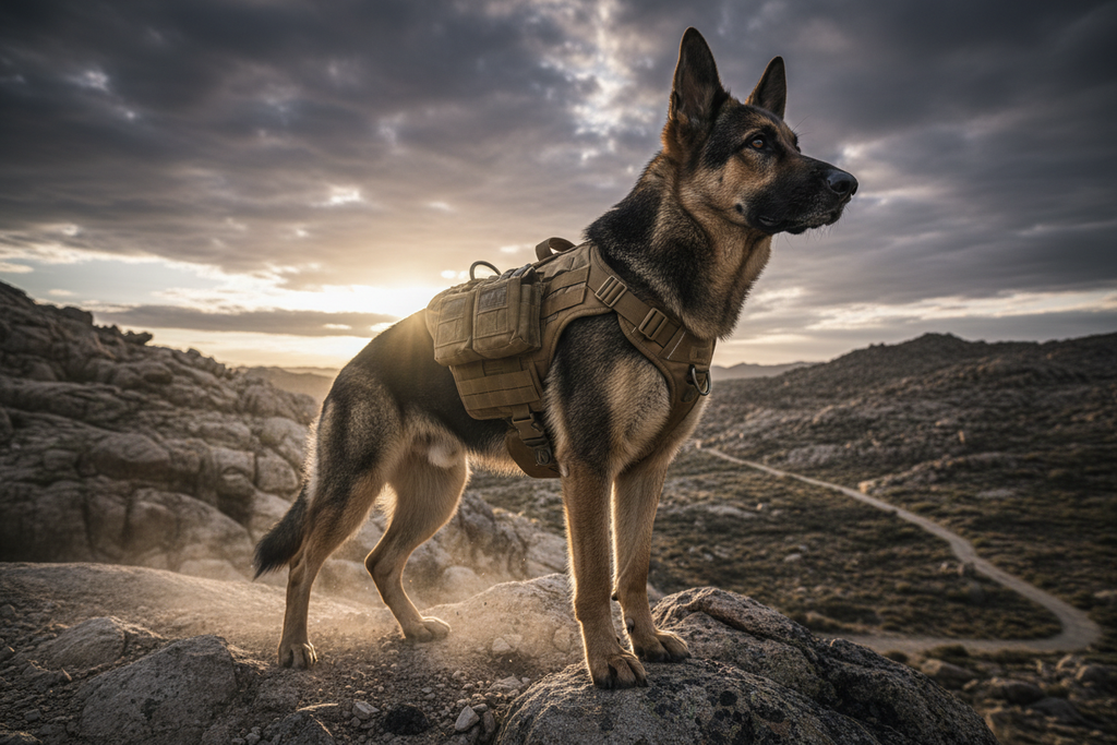 German Shepherd wearing tactical military dog harness on rocky terrain