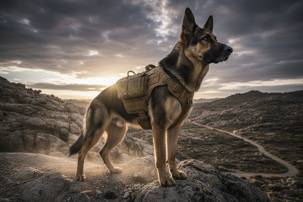 German Shepherd wearing tactical military dog harness on rocky terrain