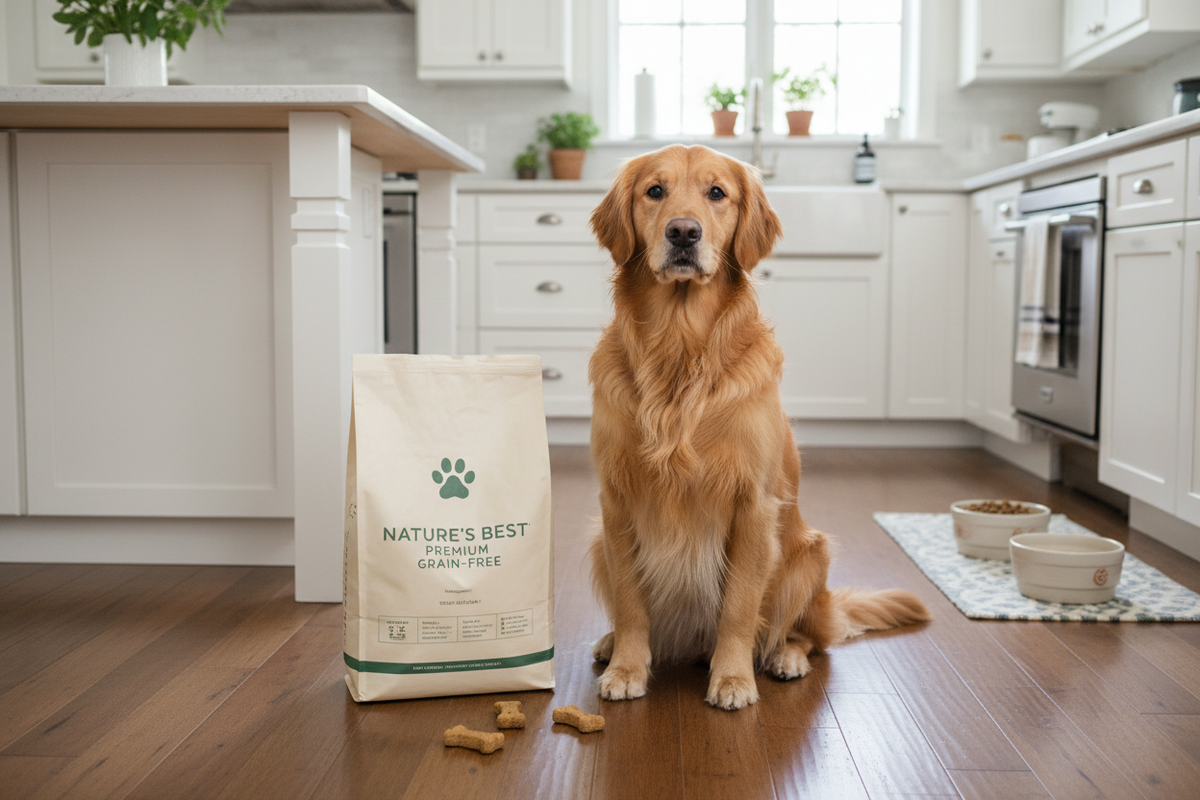 Golden retriever sitting next to a bag of premium grain-free dry dog food