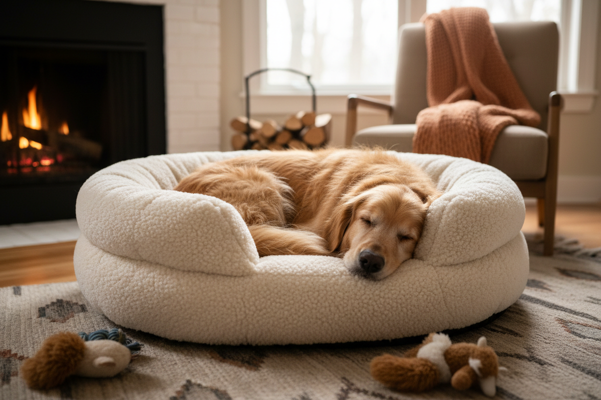 Golden retriever curled up sleeping in a plush round donut dog bed