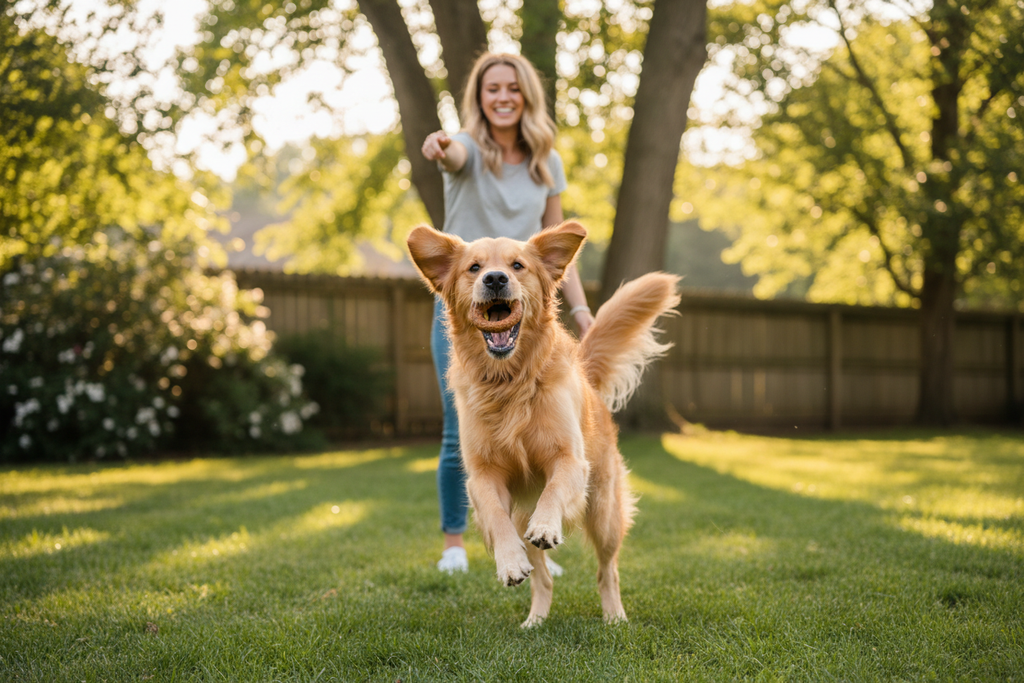 Excited dog catching a chicken jerky ring treat in a sunny backyard