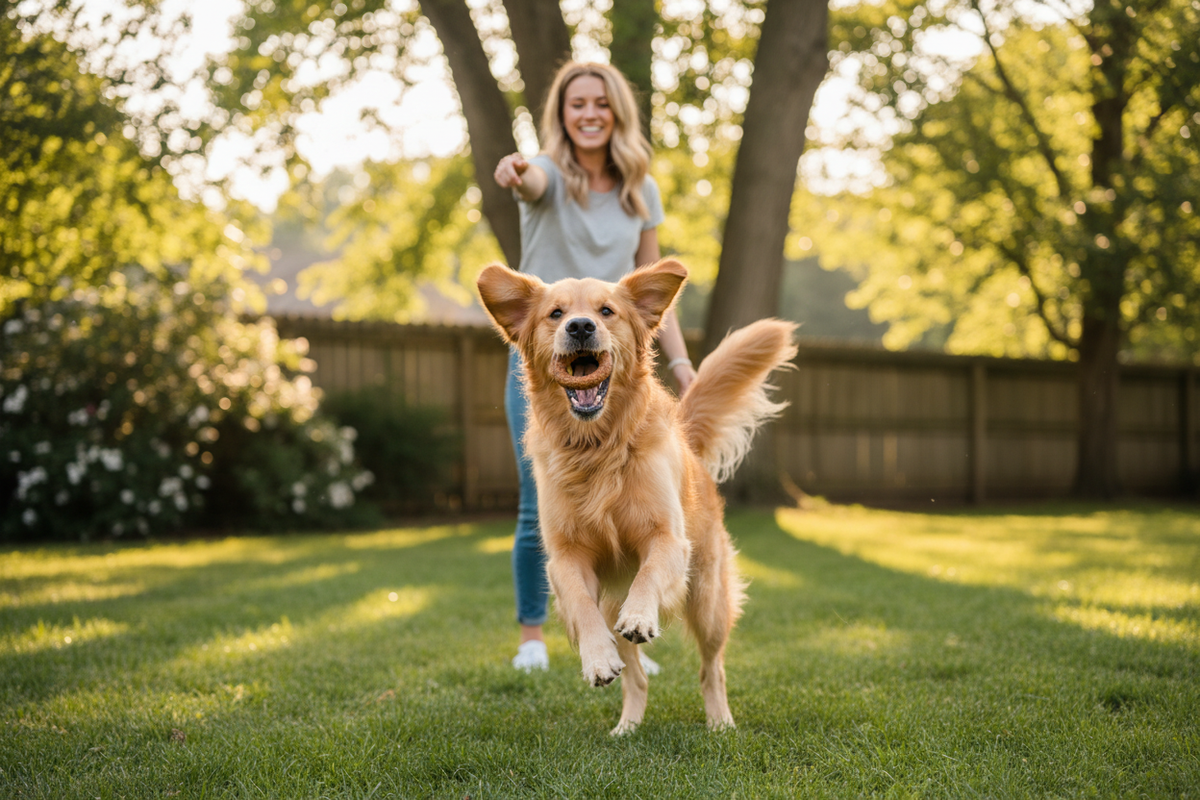 Excited dog catching a chicken jerky ring treat in a sunny backyard