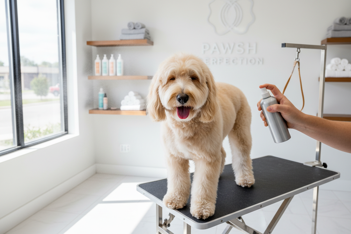 Freshly groomed fluffy dog being spritzed with dog cologne spray
