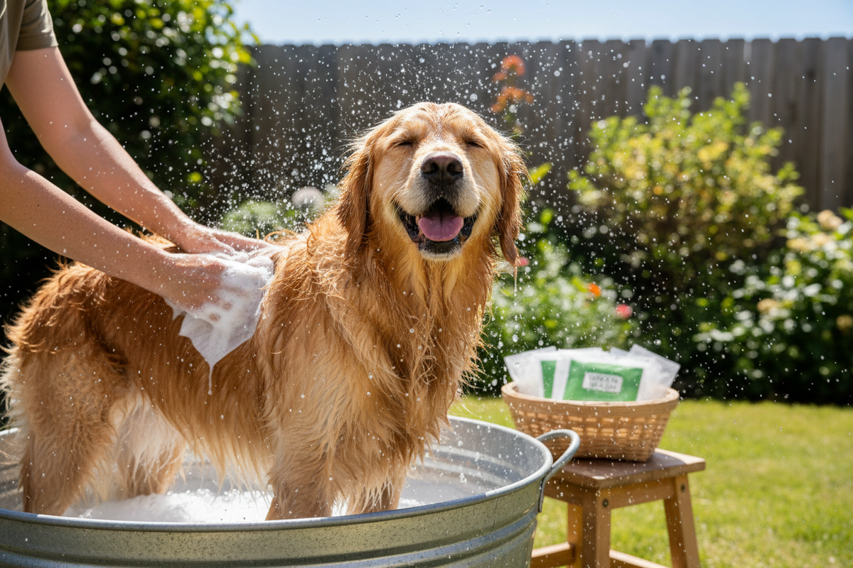 Dog being bathed outdoors with eco-friendly shampoo sheets on a sunny day